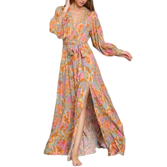 Aakaa Dresses & Skirts - Aakaa Flowy Long Sleeve Belted Floral Maxi Dress - Dusty Rose - Size Small